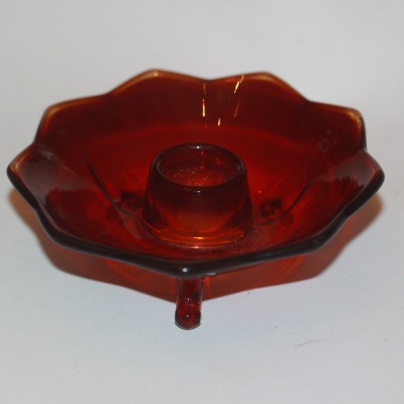 Ruby Red Amberina Glass Lotus Candle Stick Holder Footed Vintage - Picture 1 of 3
